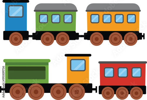 Colorful toy train vector set, cartoon locomotive with wagons, kids transportation vehicle, railway engine illustration