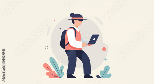 Person with backpack using a laptop, surrounded by abstract shapes and plants