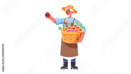 Farmer's Harvest: A farmer wearing a straw hat and apron, carries a basket of freshly harvested produce, embodying the spirit of nature and the rewards of hard work.