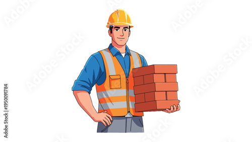 Construction worker with brick: A construction worker stands confidently, wearing safety gear and holding a stack of bricks, symbolizing skill, expertise, and the building process. 
