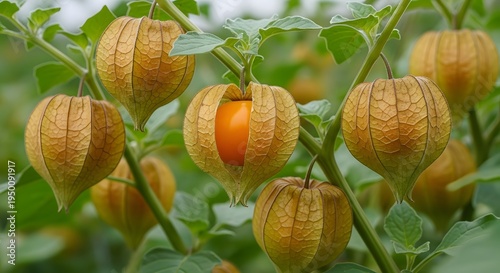 Close up of bitter gourd fruits on a vine with green leaves