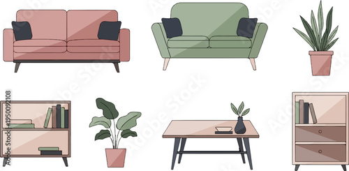A flat design illustration of modern furniture and potted plants