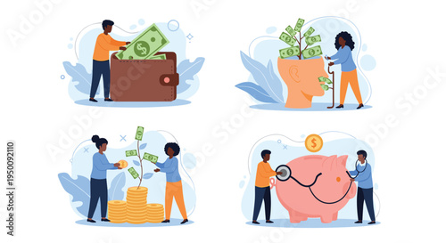 Different scenes depicting financial growth, money management, saving in a piggy bank, and investing in personal development.