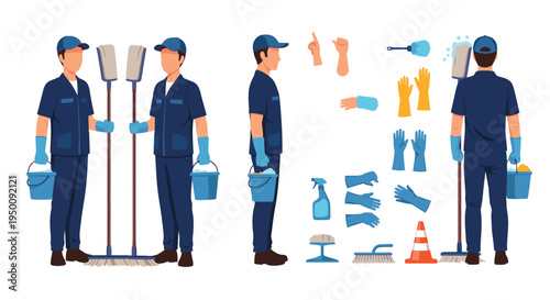Professional janitor character shown from multiple angles with a set of cleaning equipment including mops, buckets, and spray bottles.