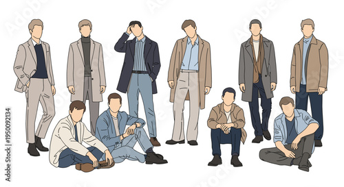 Group of men showcasing various styles of autumn and winter fashion including trench coats, jackets, and smart casual attire.