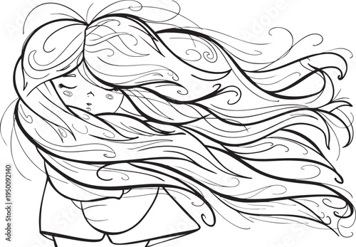 Print graphic illustration black and white outline girl with wind in her hair