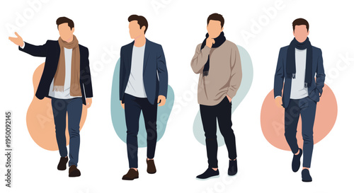 Stylish men wearing modern casual outfits with scarves, jackets, and sweaters walking and posing against abstract shapes.