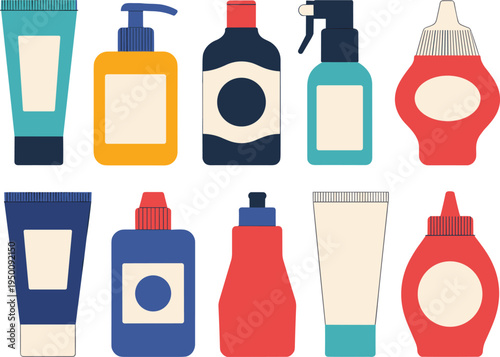 Cosmetic packaging collection set, skincare bottles tubes lotion shampoo beauty product container flat illustration design