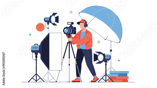 Behind the Lens: A focused video producer operates professional video equipment, meticulously capturing footage within a well-lit studio setting.