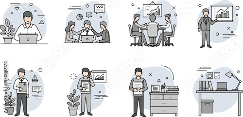 Office workers in various business and work-related scenarios