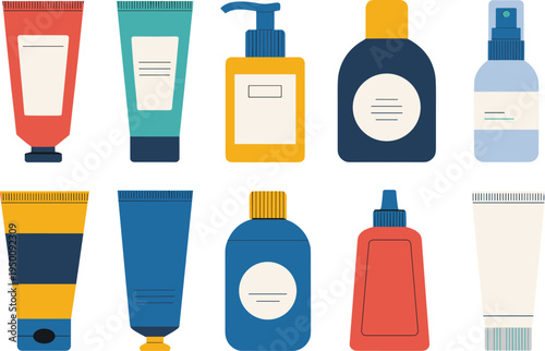 Cosmetic packaging collection set, skincare tubes bottles lotion shampoo beauty product container flat design illustration