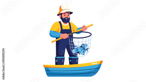 Fisherman's Bounty: A fisherman, poised with his net, embodies the thrill of the catch on a tranquil day at sea, ready to collect his seafood harvest.