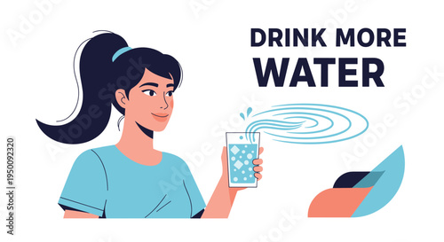 Young woman holding a refreshing glass of ice water next to the text drink more water for healthy lifestyle awareness.