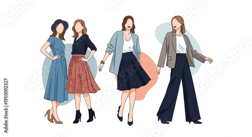 Group of women modeling various trendy and professional outfits including skirts, dresses, jackets, and wide leg trousers.