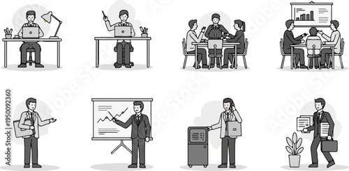 Business illustrations showing meetings, presentations, and office work