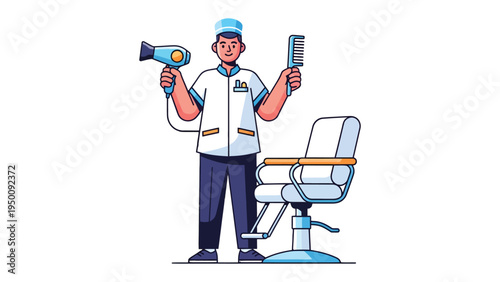 Barber with tools: A barber stands ready, holding a hairdryer and comb, near a styling chair, symbolizing grooming and hair care expertise.