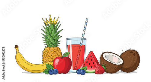 Fresh fruit arrangement featuring a pineapple with a crown, banana, apple, watermelon, berries, coconut, and a glass of juice.