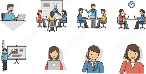 Business meeting and individual work scenes with modern office elements