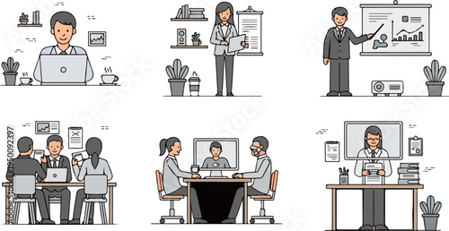 Business meeting scenarios with people collaborating and presenting information