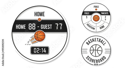 Illustration of a digital basketball scoreboard with game score, shot clock, and timer on a white background, showing home team leading guest team 88-77 with 2 minutes and 14 seconds