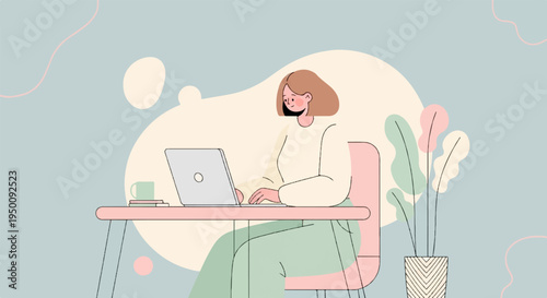 Minimalist illustration of a person working on a laptop at a desk with plants