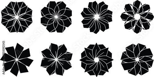 Eight black geometric floral abstract with white outlines on white background