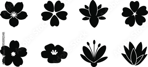 Eight black silhouette flower on white background floral