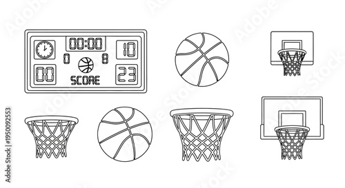 Illustration of various basketball elements including a digital scoreboard, hoops, and balls on a clean white background.