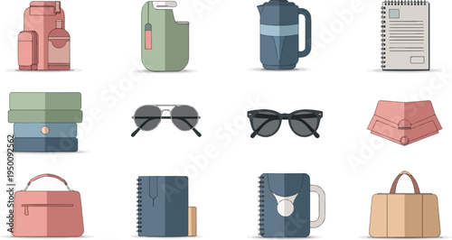 Collection of bags, sunglasses, notebooks, and a water kettle