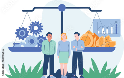 Business balance and resource management concept, team balancing productivity operations and financial growth strategy illustration