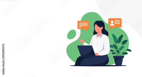 Woman sitting on the floor and working on her laptop with digital chat bubbles and profile icons representing online communication.