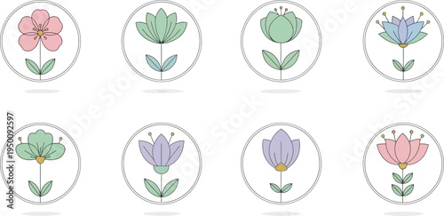 Eight simple stylized floral in pastel colors with thin black outlines and subtle shadows flower floral pastel colors