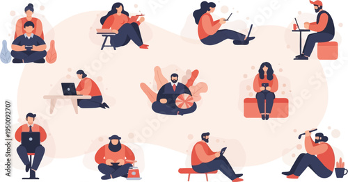 Diverse individuals engaged in various activities, working and relaxing