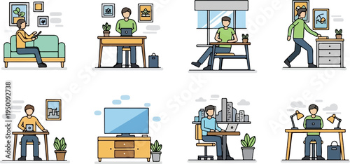 Diverse home and office work scenarios with people using technology