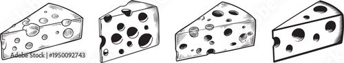 minimalist black and white outline drawing of a swiss cheese slice, perfect for dairy and snack designs