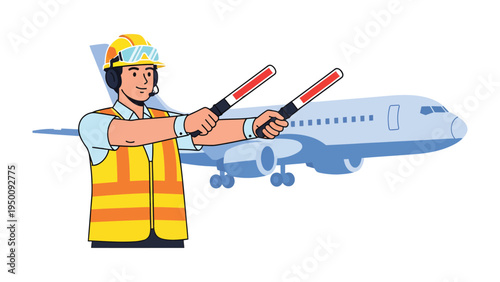 Guiding the Skies: An airport ground crew member directs an airplane with precision and expertise, ensuring safe aircraft movements.