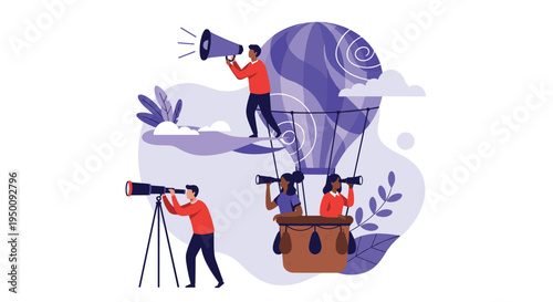 Business people searching for opportunities using telescopes and a megaphone from a hot air balloon and floating platforms.