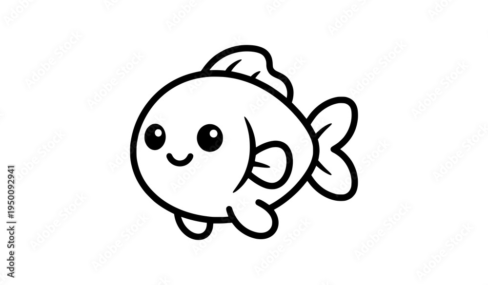 Fototapeta premium Cute single fish icon black and white cartoon aquatic animal vector illustration isolated on white background