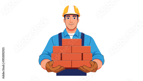 Builder with Bricks: A construction worker, wearing a protective helmet, confidently holds a stack of bricks, symbolizing the foundation of skilled craftsmanship and building expertise.