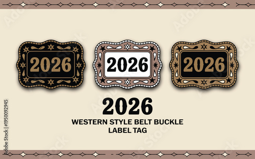 Old West medal emblem illustration, ornate American classic typographic label with decorative floral frame, luxury badge design, editable vector variants.