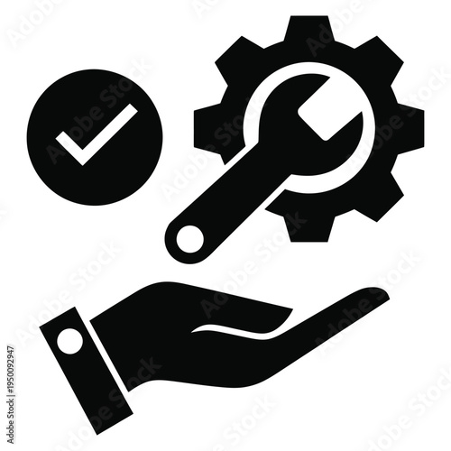 Service, solid vector icon with gear and cogwheel, symbolizing maintenance, technical support, and system operations, clean modern flat vector design