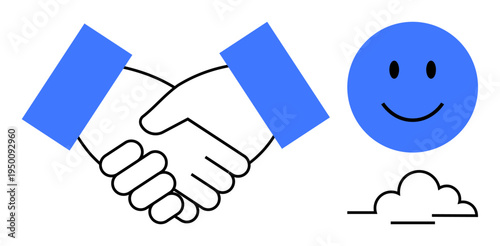 Collaboration concept. Handshake agreement and teamwork, paired with a happy face symbol for optimism and positivity. Collaboration in business, partnerships, teamwork, positivity, communication