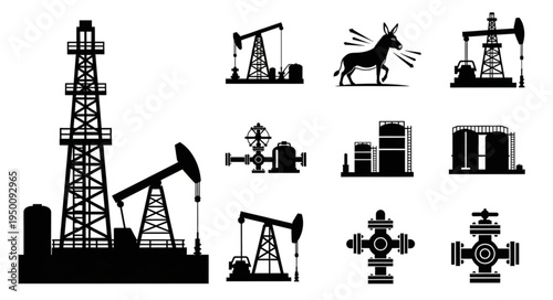 Oil Industry Silhouette Collection - Rigs, Pumps, and Storage Tanks.