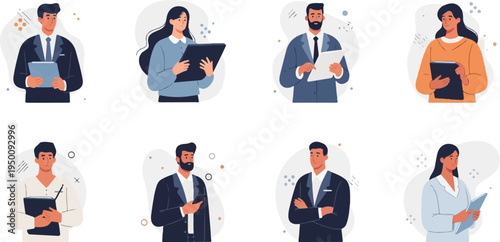 Diverse professionals in stylish attire, holding tablets and documents, ready