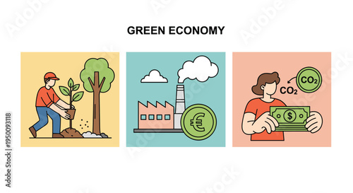 Concepts of green economy including reforestation, sustainable industrial practices, and carbon tax implementation for climate action.