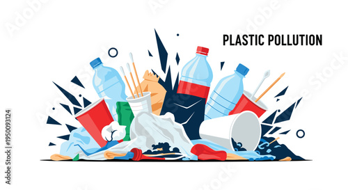 Plastic pollution illustration showing a pile of discarded plastic bottles, cups, and straws damaging the natural environment.