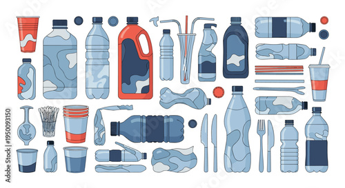 Collection of various single-use plastic items like bottles, cutlery, and containers highlighting the abundance of plastic waste.
