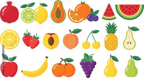 Colorful fruit collection set with apple banana orange watermelon pineapple grapes and tropical healthy food vector illustration