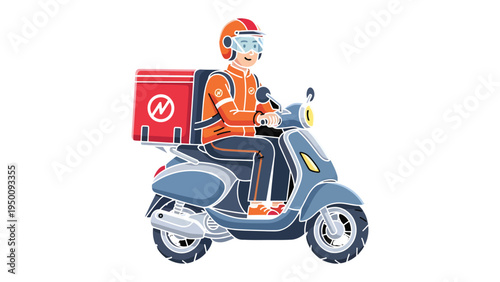 Fast Delivery on the Go: A delivery man on a scooter, equipped with a top case, zips through the city streets. Illustrating prompt service and convenience in urban settings. 