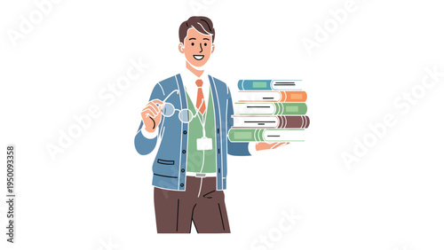 A Scholar's Stance: A smiling scholar, arms laden with a stack of literary treasures, holds his glasses with confidence, embodying the warmth of knowledge and the pursuit of wisdom.